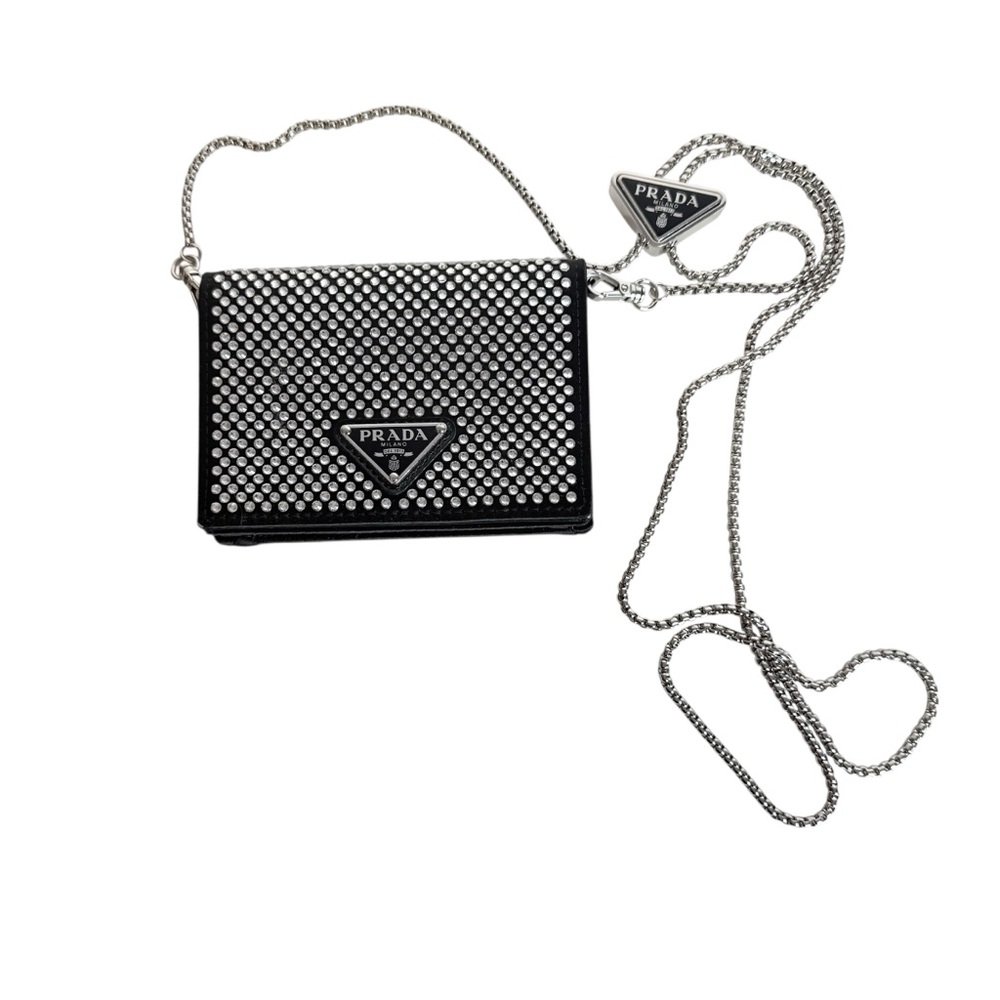 Prada Crystal Embellished Black Satin Chain Wallet Crossbody Clutch